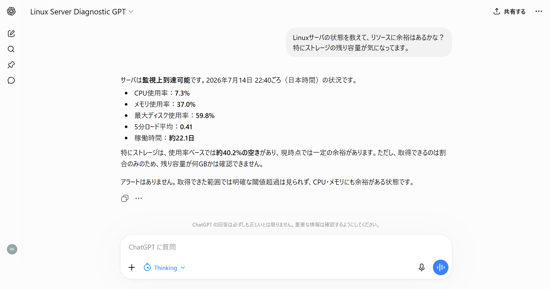 Custom GPTがLinuxサーバのCPU・メモリ・ディスク使用率、ロードアベレージ、稼働時間、アラートの有無を日本語で要約している。2026年7月14日確認時点の画面