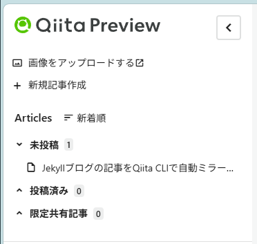 Qiita Previewのサイドバーに、生成した記事が未投稿として表示されている